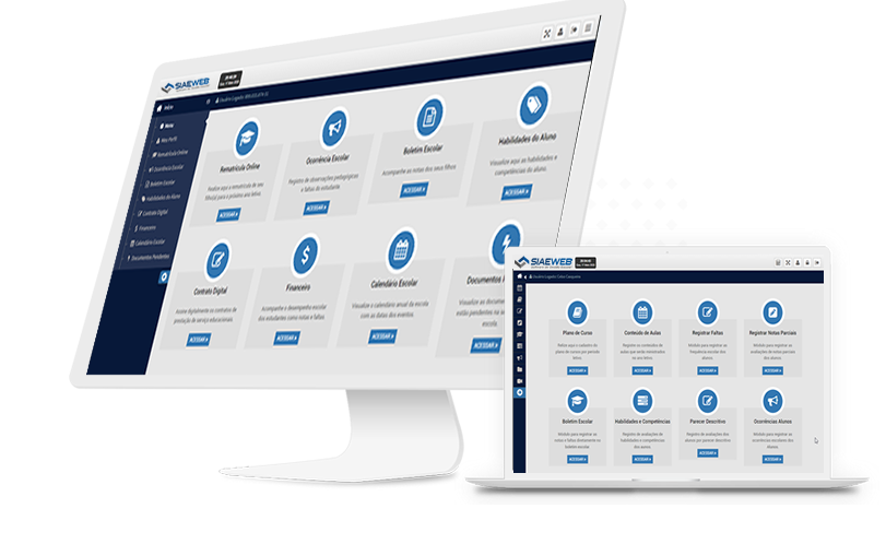 Imagem de um computador com a tela do portal do aluno e um notebook próximo ao computador com a tela do portal do professor que os clientes do SIAEWEB tem a disposição.